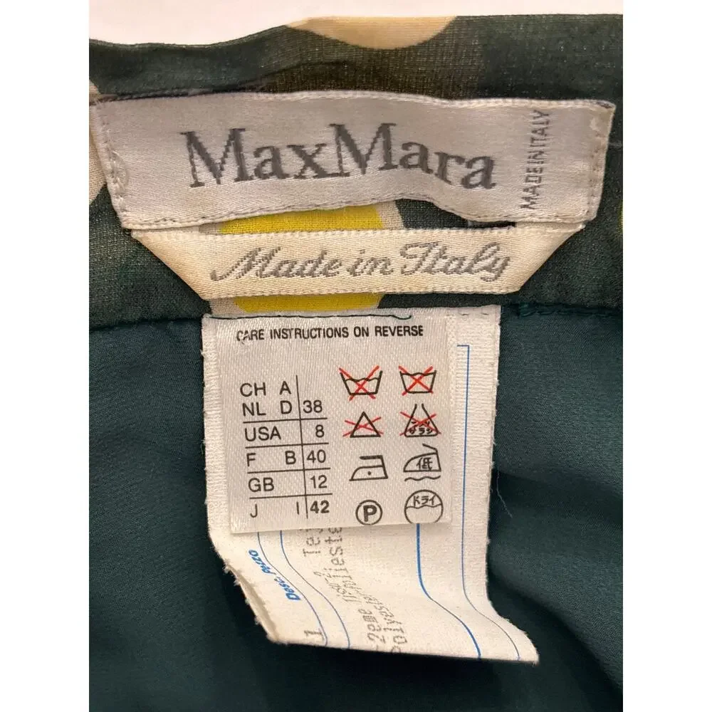 MAX MARA VTG Y2K Silk Chiffon Pleated Green Lemon Yellow Dot Print Skirt US Sz 8 - Picture 4 of 6